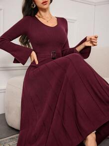 Modelyn Women's Solid Color Crew Neck Long Sleeve Casual Maxi Sweater Dress - Burgundy - View 1