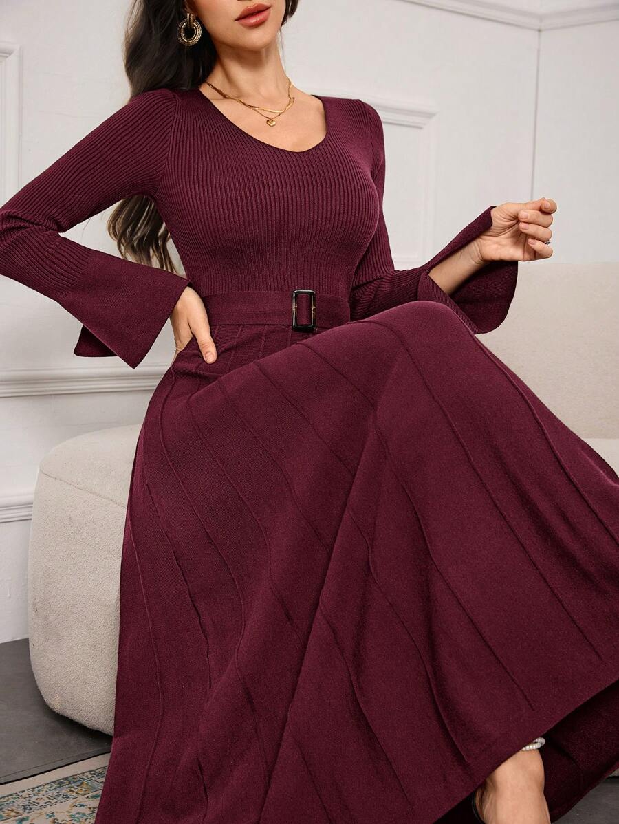 Modelyn Women's Solid Color Crew Neck Long Sleeve Casual Maxi Sweater Dress - Burgundy - View 1