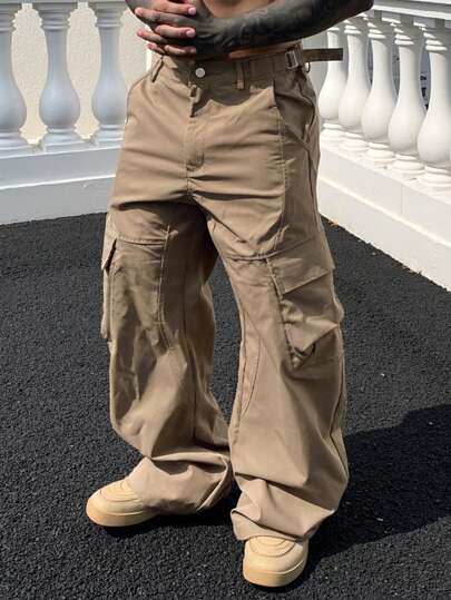 Manfinity Roughcore Pantalones casuales para hombres Manfinity Streetrush, diseño ancho y suelto de moda, decoración con remaches, pantalones anchos y sueltos, regalos para novio, ropa urbana, otoño