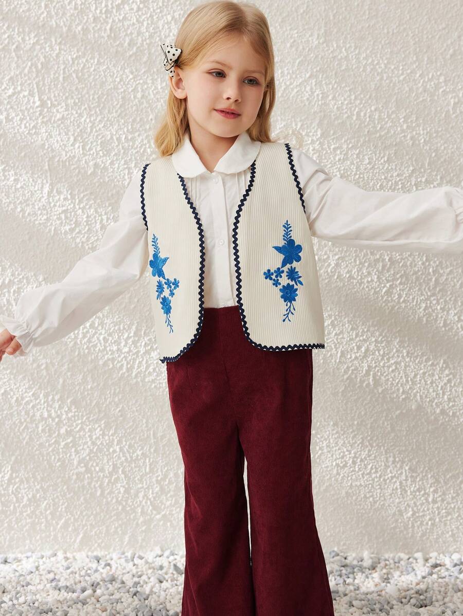 Blossori Young Girls' Elegant Apricot Embroidered Woven Sleeveless Vest, Spring/Summer - White - View 1