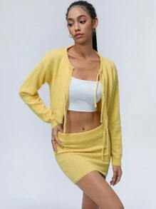 SHEIN Unity Fashionable Sweet Tie-Up Bow Cardigan Paired With Super Short Skirt As 2 Pieces Set Dopamine Soft Knit Sweater Fall Cloth For Women - Yellow - View 3