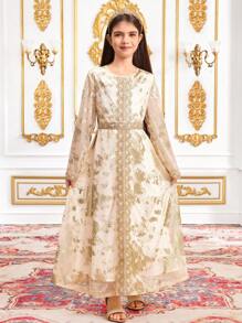 SHEIN Tween Girls Casual Round Neck Geometric Retro Pattern Stitching Dress, Suitable For Ramadan - Gold - View 4