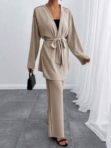 SHEIN Cottnline Women Pipin Detailed Kimono And Pantolon Two Pieces Set - Beige - View 5