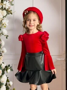2pcs Young Girl Set: Knit Plain Crew Neck Ruffle Casual Top + Woven PU Leather Mini Skirt, For Christmas