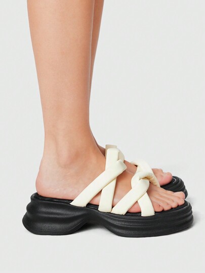 Grunge Punk Women's White Roman Beach Sandals, Summer Open Toe Criss-Cross Strap Holiday Shoes, Outdoor Strap Wedge Thick Bottom Slides