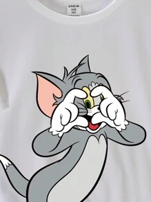 TOM & JERRY X SHEIN Tween Boy Casual Cat Print Short Sleeve Valentine's Day T-Shirt, Suitable For Summer