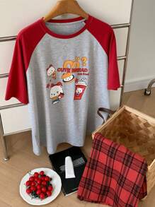 DAZY 2pcs Cartoon Print Raglan Sleeve T-Shirt & Plaid Shorts Pajama Set For Women - Grey - View 3