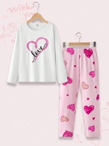 Conjunto de pijama de manga larga con estampado de corazones para niña preadolescente - Rosa - Ver 1