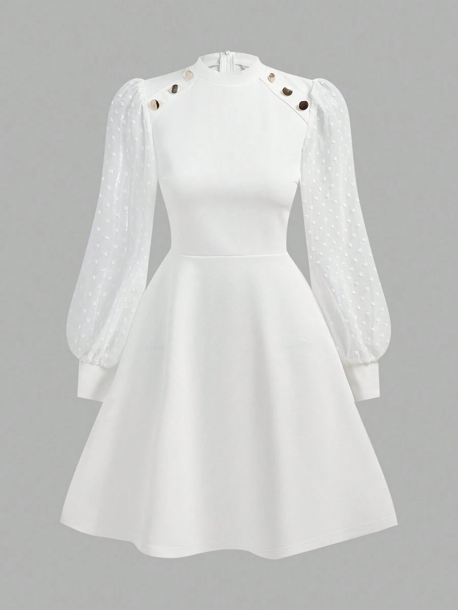 SHEIN Girlism Teen Girls' Knitted Solid Color Patchwork Cutout Decor Button Casual Dress - White - View 1