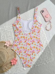 Swim Mod Traje de baño de una pieza veraniego y casual, sexy y de espalda descubierta, con estampado floral diminuto para vacaciones en la playa de las mujeres