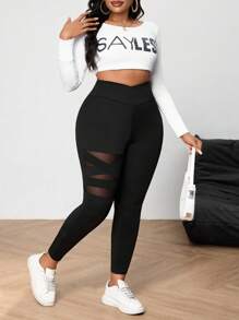 SHEIN PETITE CURVE 大码女式纯色基础日常打底裤，撞色网纱透视打底裤，日常休闲、运动、春季、嘉年华女式服装，黑色打底裤 - 黑色 - 查看 6