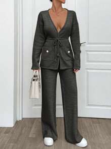 EURMUSE 2pcs/Set Knitted Cardigan And Ankle Length Pants Suit, Casual For Autumn/Winter - Dark Grey - View 3