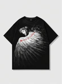 ROMWE MEN Street Life 男士哥特式圆领短袖图案印花休闲上衣，适合日常穿着，万圣节 - 黑色 - 查看 1