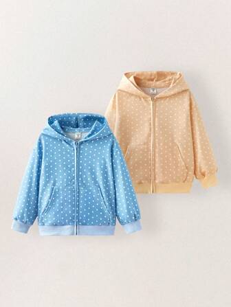 THE HAPPY LOOK Young Girl's Polka Dot Print Long Sleeve Zip Up Hooded Sweatshirt And Casual 2 Pieces Set, Autumn/Winter