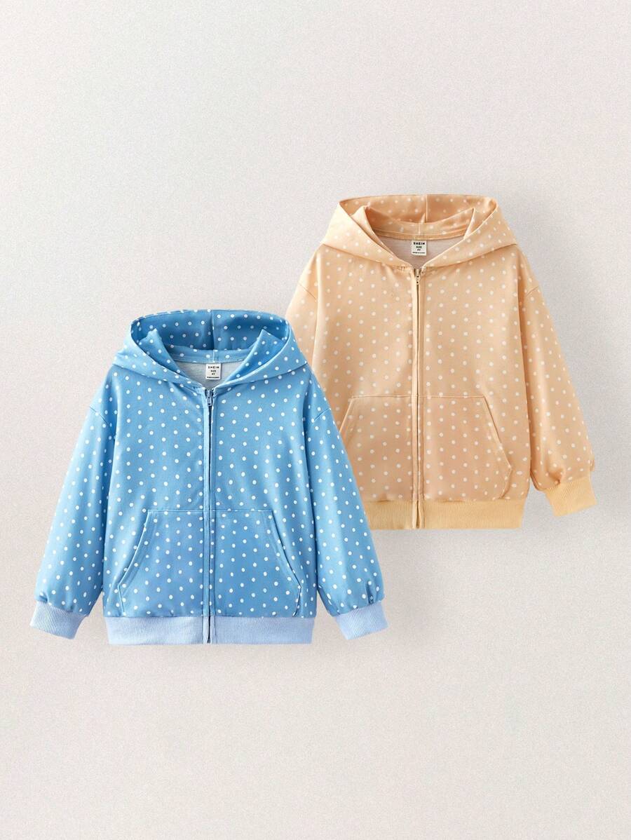 THE HAPPY LOOK Young Girl's Polka Dot Print Long Sleeve Zip Up Hooded Sweatshirt And Casual 2 Pieces Set, Autumn/Winter - Multicolor - View 1