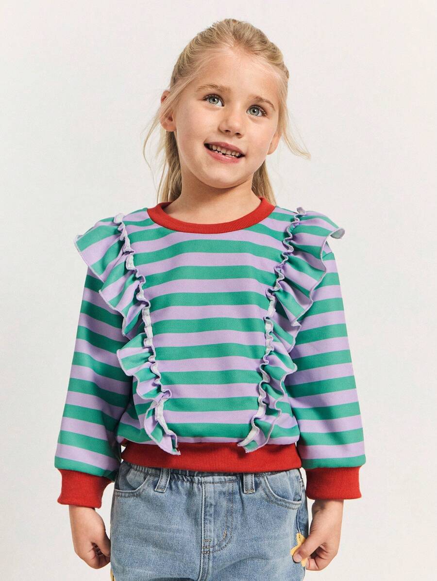 SHEIN Leap Crew Young Girls Colorblock Striped Ruffled Crew Neck Long Sleeve Sweatshirts, Fashionable & Cute Style For Autumn/Winter - Blue - View 1