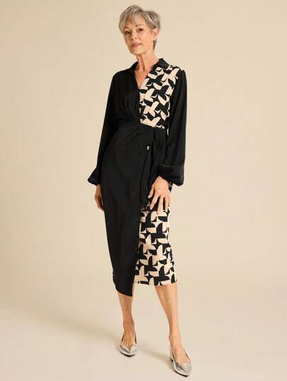 SHEIN LUNE Vestido casual largo de manga larga de unicolor con empalme para mujer