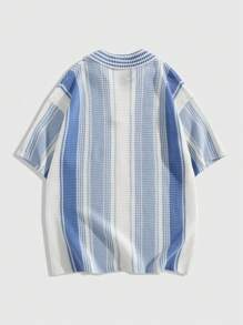 ROMWE MEN Casual Herren Polokragen gestreifter Lässig Strick Pullover - Babyblau - Übersicht 3