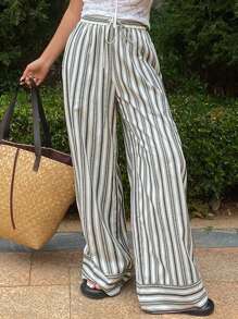 DAZY Contrast Color Stripe Loose Drawstring Elastic Waist Wide Leg Pants, Bohemian Style For Women - Navy Blue - View 3