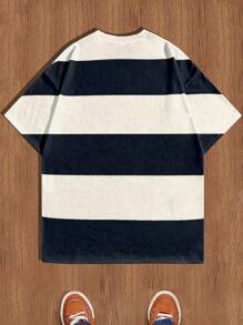 SWAVVY Camiseta de manga corta, de cuello redondo, de color block y rayas, casual, para hombre, para verano, para la escuela