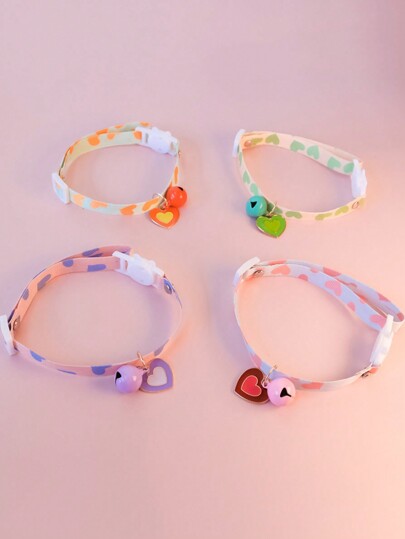 PETSIN 1pc Randomly Colored Cute Pet Necklace With Heart Pendant, Adjustable Cat/Dog Collar With Colorful Bell
