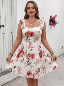 SHEIN VCAY Plus Size Women Boho Floral Print Cap Sleeve Dress, For Summer,Beach Dress Sundress,Holiday Outfits