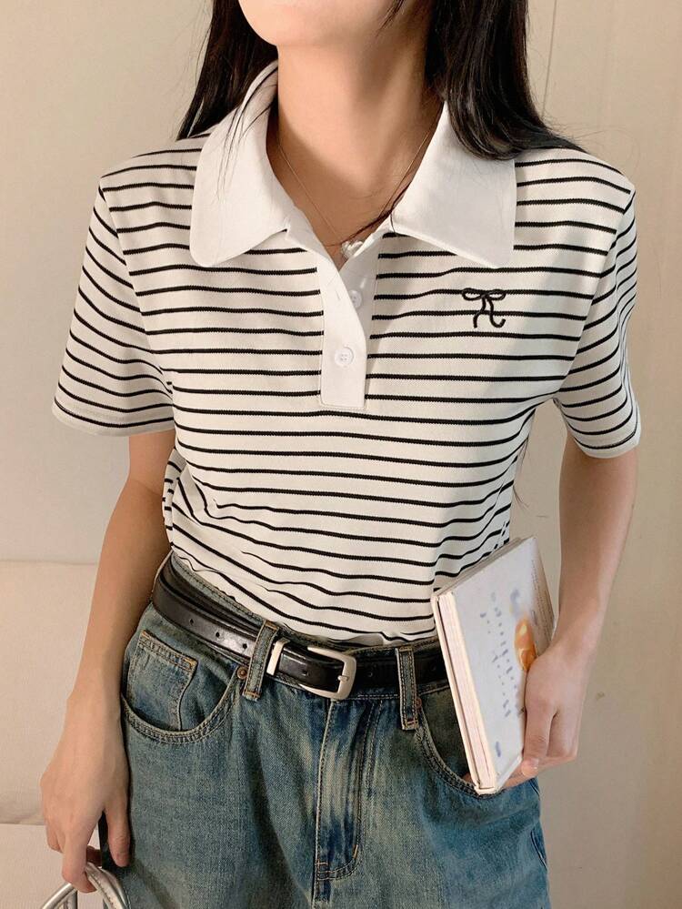 Women Striped Short Sleeve Bow Embroidery Polo Shirt, Teacher