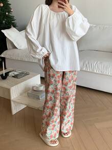 DAZY 纯色灯笼袖上衣和全身花卉印花长裤睡衣套装