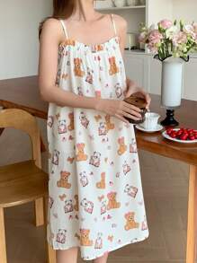 DAZY Cute Bear Pattern Full Print Loose Spaghetti Strap Nightgown Pajama - Apricot - View 4