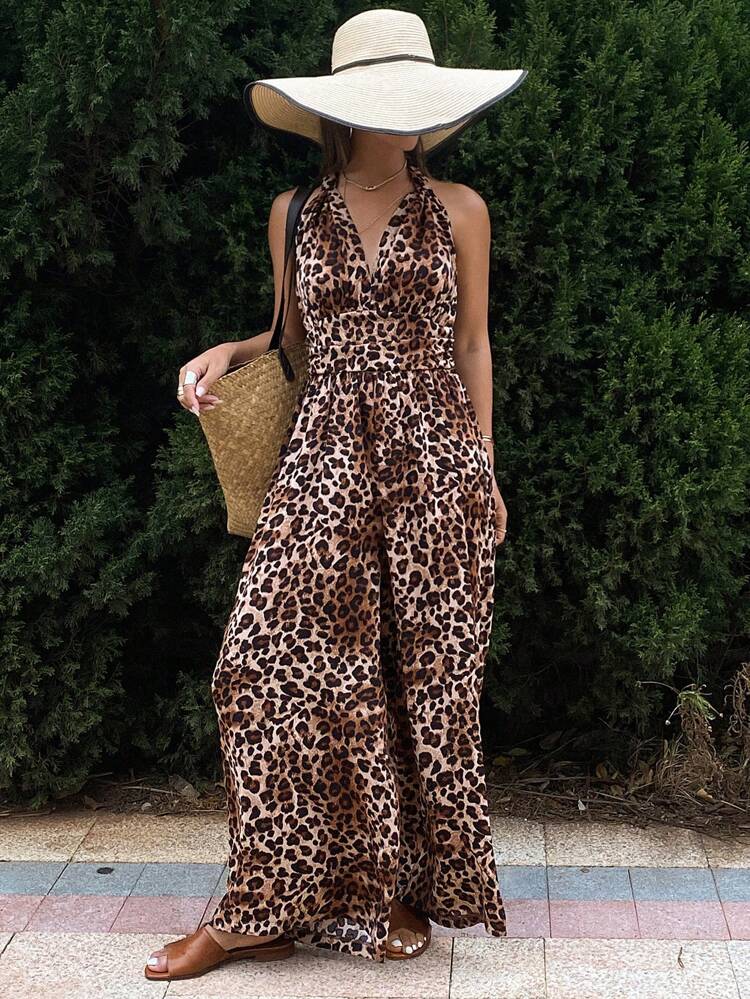 Leopard Print Halter Jumpsuit With Drawstring Bowknot , Bohemian Style For Women, Spring/Summer Vacation Cheetah Print Women Rompers