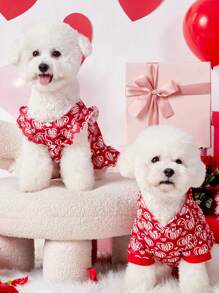 PETSIN 1pc Pet Valentine's Day Red Heart & Love Pattern Print With Ruffle Trim Button Front Dress, For Gifts - Multicolor - View 5