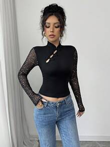 Chiquease Damen Stehkragen Knopf-up Paillettenoberfläche T-Shirt, geeignet für Dates und Valentinstag - Schwarz - Übersicht 4