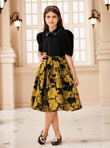 SHEIN Tween Girls Puff Sleeve Shirt & Floral Jacquard A-Line Pleated Skirt - Black - View 4