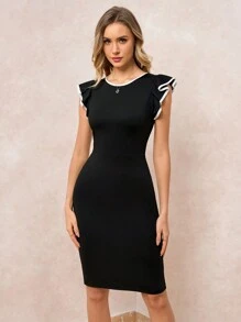 SHEIN Clasi 圆领短款盖袖撞色修身女式连衣裙 - 黑與白 - 查看 7