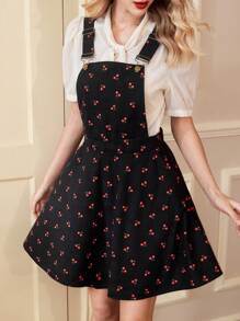 Vintamour Vintage Retro Elegant Women Cherry Print Square Neck Sleeveless Bib Overall Dress With Ruched, Pockets A-Line Dress New Years Women Outfit Vacation Outfits Woman Summer Outfits - Black - View 4
