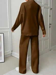 EURMUSE Woman Loose Fit Comfy Warm Thick Polo Neck Sweater And Pants Co-Ords Two Piece Set - Brown - View 2