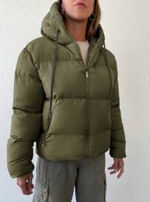 EURMUSE Zip Up Drawstring Hooded Puffer Coat - Dark Green - View 5