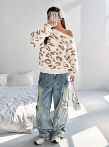 Flirla 宽松休闲百搭豹纹露肩性感针织套头衫，适合秋冬季穿着 - 彩色 - 查看 5