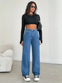 Cottnline Denim Pants Solid Color Simple Fashionable Daily Casual - Blue - View 5