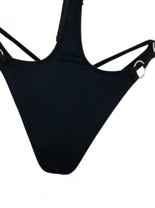 Swim SXY Spring Break Women's Solid Color Sexy Fashion Ring Halter Backless One-Piece Swimsuit, Summer Vacation Festival Boho Beachwear Outfit - Black - View 6