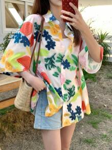 DAZY Women All-Over Print Turndown Collar Casual Short Sleeve Shirt Floral,Fall Clothes - Multicolor - View 5