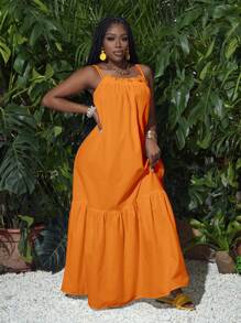 Slaydiva 度假优雅宽松细肩带露背多层拼接女式连衣裙，M 码