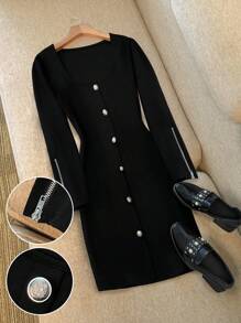 SHEIN Clasi 大码女式纯色长袖优雅方领情人节连衣裙