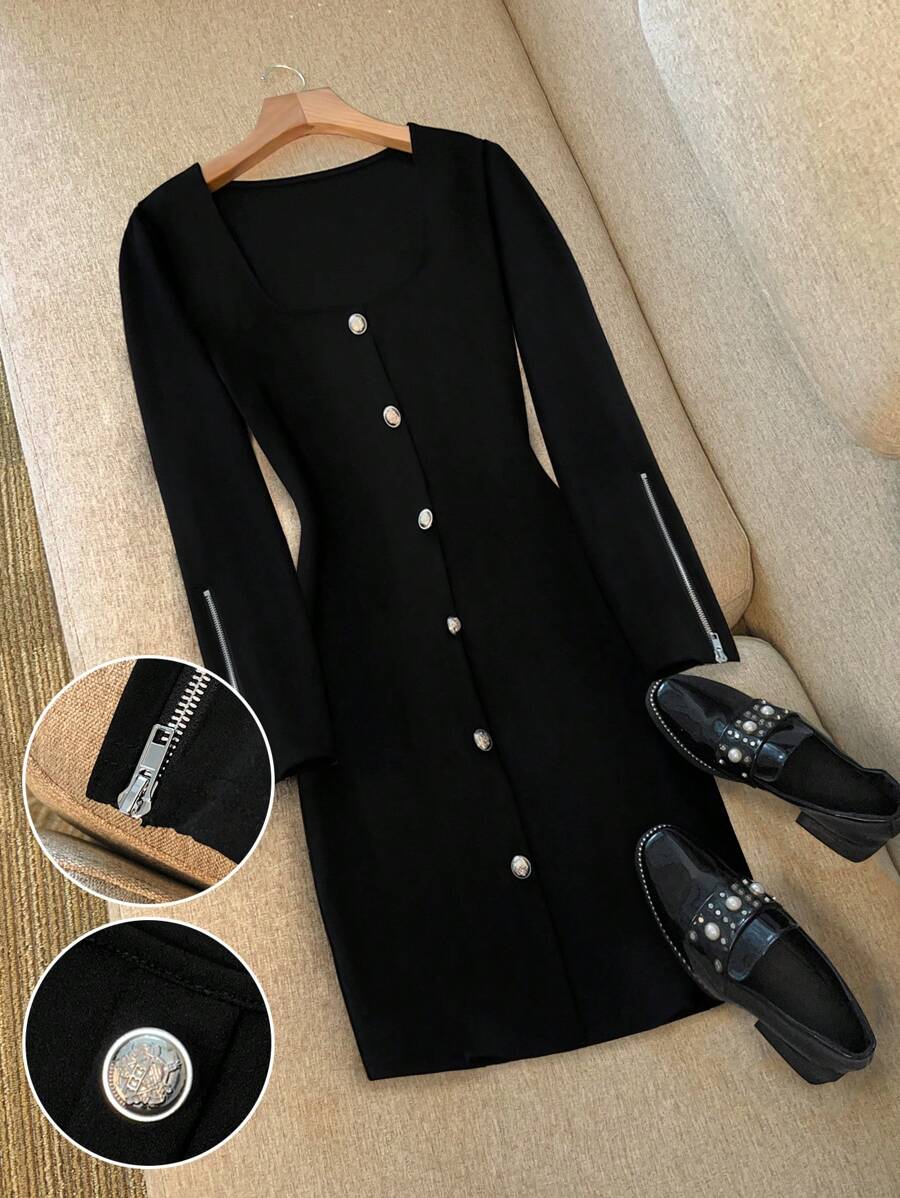 SHEIN Clasi 大码女式纯色长袖优雅方领情人节连衣裙