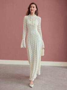 MOTF PREMIUM 蕾丝垂褶喇叭袖连衣裙 - 杏色 - 查看 7