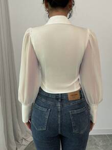 Elenzga Cămașă decupată cu design nou elegant, siluetă montată, mâneci cu bule, bluză albă