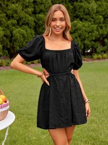 KARISMINA Women's  Elegant Vacation Summer  Beach Square Neck Puff Sleeve Cut Out Waist Dress - Black - View 5