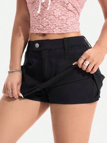 SHEIN EZwear Women's Solid Color Front Button Casual Denim Mini Skirt - Black - View 4