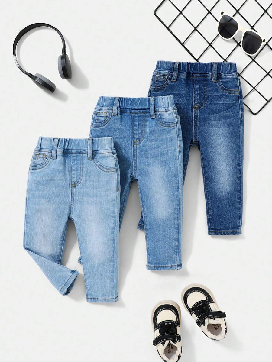 SHEIN 男婴三件套休闲基础款猫须高弹力修身牛仔裤套装，适合宝宝日常穿着和户外活动。 - 彩色 - 查看 1