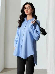EastFlair Camisas casuales de mujer de manga larga con caída de hombros y abotonadura sencilla en unicolor, para otoño